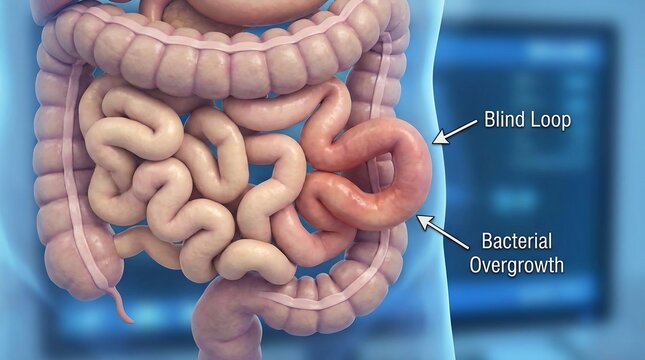 Medical Illustration of Blind Loop and Bacterial Overgrowth in Intestines
