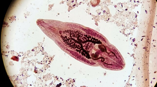 Microscopic view of adult liver fluke stained for study
