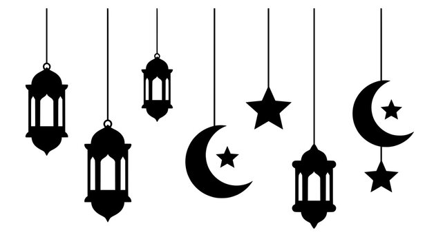 Islamic Ramadan Hanging Decorations Black Silhouette Lantern and Crescent Set