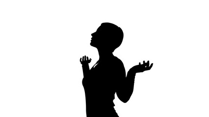 Silhouette of a woman with her arms raised in prayer or praise.