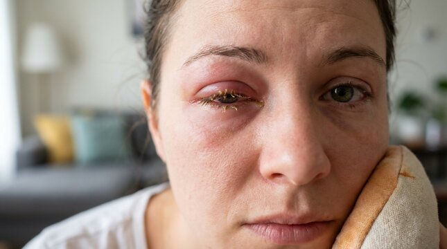 Woman suffering from severe eye infection and painful swelling