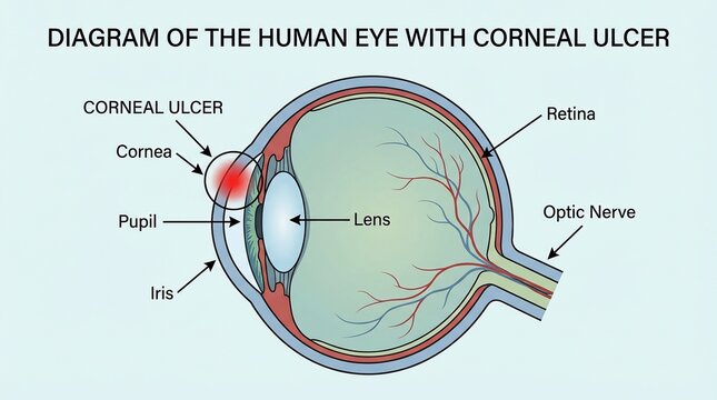 Anatomical cross section of human eye showing corneal ulcer