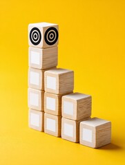 Obraz premium focused illustration showing wooden SWOT blocks next to a target symbol on a yellow background, representing performance analysis, strategic goals and decision making process swot, analysis, 