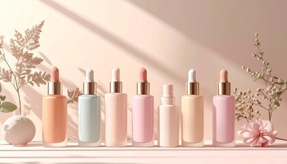 Pastel dropper bottles with gold collars on pink background showcasing skincare and cosmetic packaging design