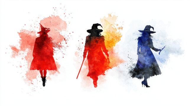 Three witches in colorful watercolor style, embodying mystery and magic, perfect for Halloween themes