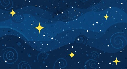 Fototapeta premium Stylized blue night sky with stars and swirl patterns