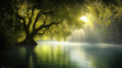 Fototapeta premium Ethereal Sun Rays Illuminate Ancient Tree and Misty Water in a Tranquil Forest