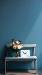 Bouquet and envelope with wax seal on bench against blue wall