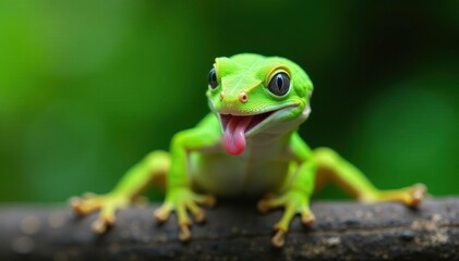 Obraz premium Bright green gecko hunting, tongue flicking out, stock photo, sharp