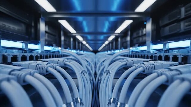 Rows of network cables in a server room