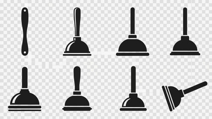 Plunger Icons Set: Various Types and Angles for Cleaning and Plumbing Services