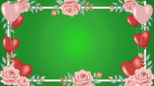 Romantic floral frame border with pink roses and red heart balloons on green screen. Valentine's Day or wedding template overlay.