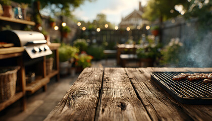 Fototapeta premium blurred background of a backyard garden with grill BBQ, wooden table on foreground