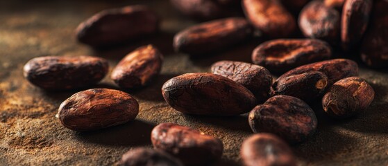 Fototapeta premium The Cocoa Beans Close-Up on Rustic Surface with Rich Texture and Warm Lighting