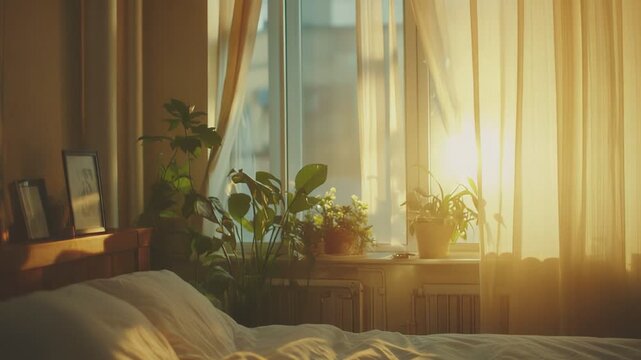 Empty bed with white linens and pillows bathed in warm golden sunlight through sheer curtains, surrounded by green plants for a serene, cozy indoor morning atmosphere