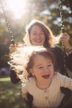 Mother and child joyfully swinging in a sunlit park, with the child laughing and hair flowing, capturing the essence of playful parenting and love for Mother's Day celebration