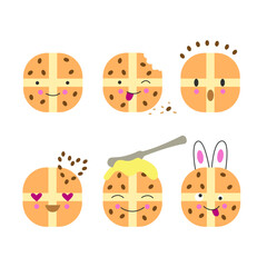 Obraz premium Set of Easter hot cross bun emoji. Cute baked bread with different emotions for seasonal messages, stickers, social media, greetings.