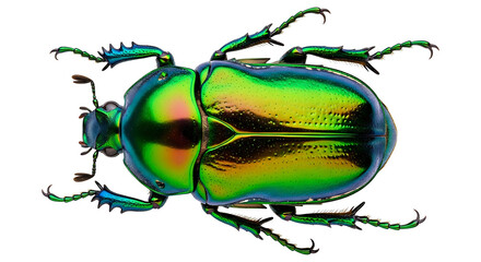 Iridescent jewel beetle with vibrant metallic green and blue colors, intricate exoskeleton details, isolated top-down view on a white background. with transparent background
