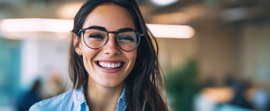The woman smiling confidently in an office headshot with blurred modern background