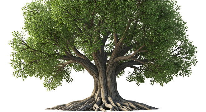 Majestic ancient oak tree with a massive trunk, gnarled branches, and lush green leaves, its intricate roots spread wide, isolated on white. with transparent background