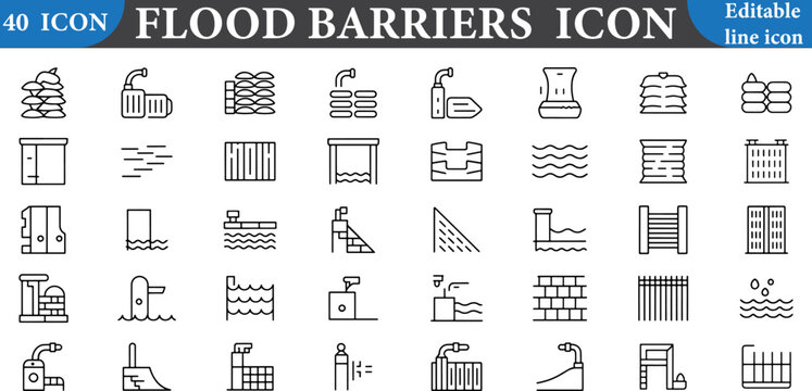 Flood barriers icon set including various symbols and signs isolated on white background for design and illustration