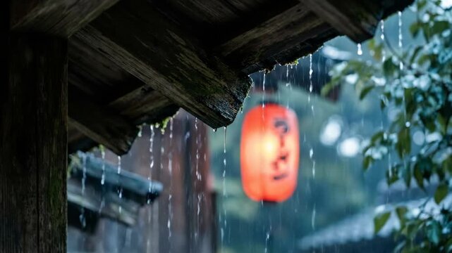 Rain scene under the eaves of traditional buildings