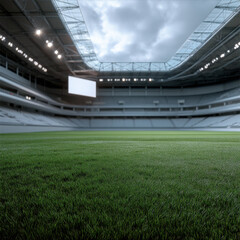 Fototapeta premium Modern stadium green grass empty seat large LED screen open roof architecture sports venue cloudy sky