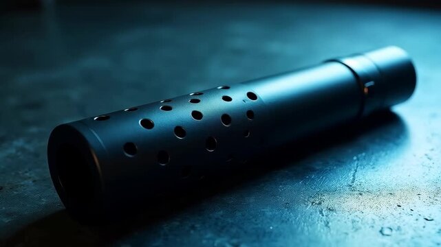 Suppressor, placed on a neutral, dimly lit surface. The silencer is prominently featured, showing intricate design details, with a subtle sheen from the light. 