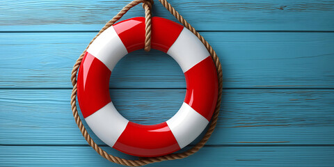 A vibrant life buoy hanging against a blue wooden background, symbolizing safety and security by the water.