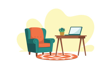 Fototapeta premium A minimalist vector illustration of a cozy home office setup with a green armchair, wooden desk, and laptop