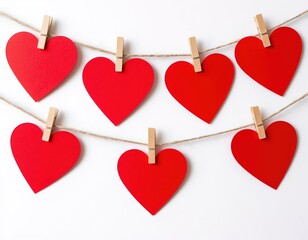 Red paper hearts hanging on a thread with clothespins. Garland on a white background. Valentine's Day decor. Space for text