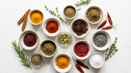 Assorted spices and herbs in bowls on white background, top view