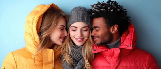 Obraz premium Three Diverse Young People Smiling in Cozy Winter Jackets Against Blue Background