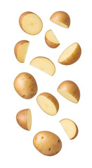 Fototapeta premium Potato PNG. Potatoes falling down isolated. Organic potato vegetable top view flat lay PNG. Fresh raw organic starch food levitation concept isolated. Potato slices and wedges PNG