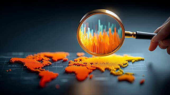 A hand holding a glowing magnifying glass over a world map, revealing future population growth heat maps and projected economic trends beneath the lens