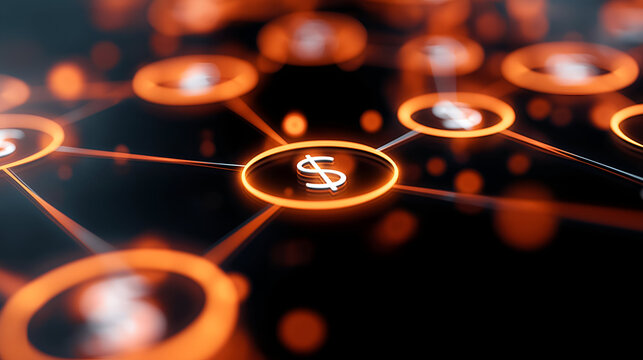 Abstract representation of financial connections, showcasing dollar signs and network links in a vibrant digital design.
