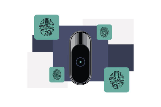 A vector graphic illustration of a fingerprint scanner with biometric authentication icons
