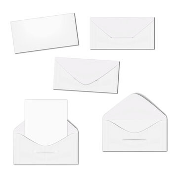 White V flap dl envelope. Front, back. Open, closed, with blank paper sheet inside. Realistic 3d vector mockup. Easy editable. Mock-up set. Template for design