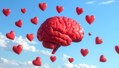 Floating 3D brain with hearts, pink background, emotional intelligence concept, love and cognition theme