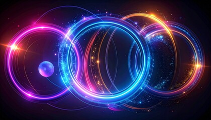 Three glowing cosmic rings, neon energy portals, dark space background, futuristic sci-fi fantasy scene