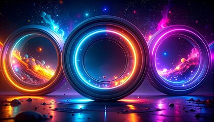 Three glowing cosmic rings, neon energy portals, dark space background, futuristic sci-fi fantasy scene