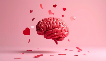 Floating 3D brain with hearts, pink background, emotional intelligence concept, love and cognition theme