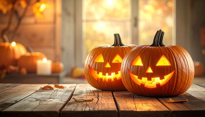 Glowing jack-o'-lanterns on wood, warm ambient light, autumn leaves, cozy Halloween indoor decor