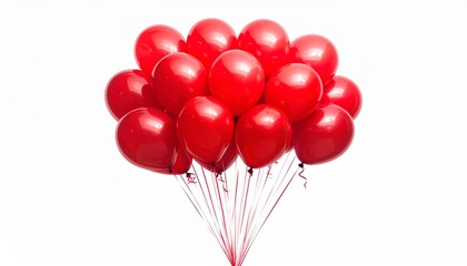 Cluster of red balloons, glossy finish, white background, celebration theme, festive decoration, tied strings