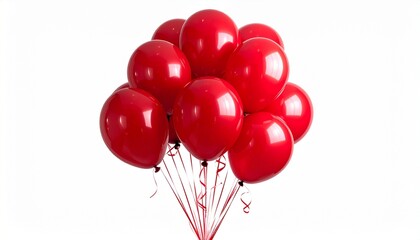 Cluster of red balloons, glossy finish, white background, celebration theme, festive decoration, tied strings