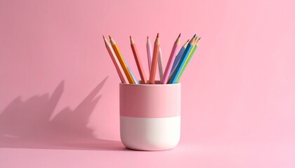 Colored pencils in pink container, sharpened tips upward, solid pink background, vibrant art setup