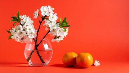 Cherry blossoms in glass vase, halved oranges, red background, still life, vibrant color contrast