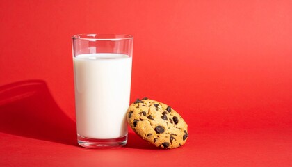 Glass of milk with cookie, chocolate chips scattered, red background, comfort food still life