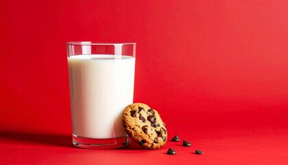 Glass of milk with cookie, chocolate chips scattered, red background, comfort food still life