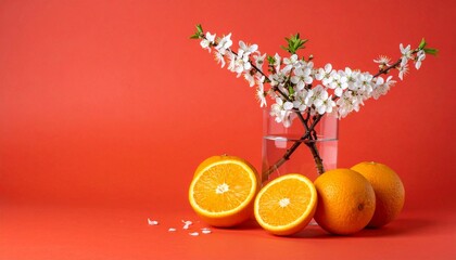 Cherry blossoms in glass vase, halved oranges, red background, still life, vibrant color contrast
